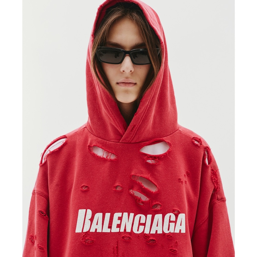 Balenciaga Destroyed Oversized Sweatshirt Hoodie Red Unisex Medium